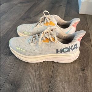 Hoka Cream and Yellow Athletic Shoes